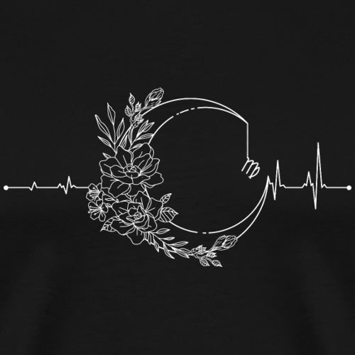 Black t-shirt with white floral design and heartbeat line on a black background
