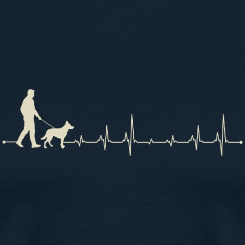 Design of a person walking a dog with a heart rate line on a navy background