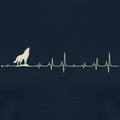 White silhouette of a wolf howling with a heartbeat line on a navy background