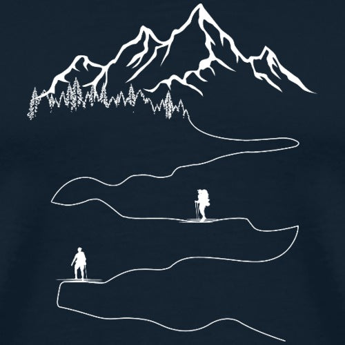 Illustration of a hiker on a journey towards a mountain peak on a dark background