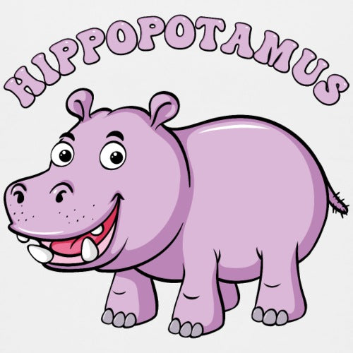 Cartoon hippopotamus with 'Hippopotamus' text above on a white background