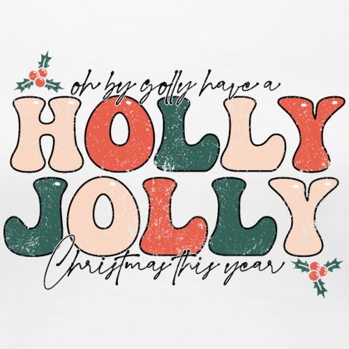 Colorful text 'Holly Jolly' with holly leaves and berries on a white background