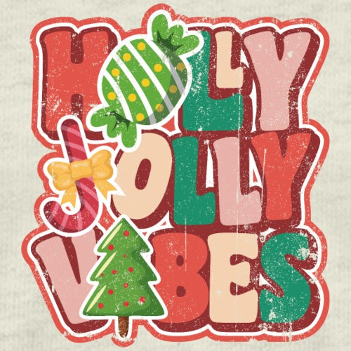 Christmas-themed text 'Holly Jolly Vibes' with decorative elements on a beige background