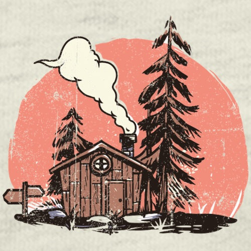 Forest house graphic symbolizing peaceful living in nature.