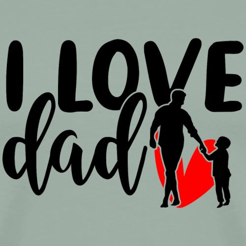 Silhouette of a father and child holding hands with 'I Love Dad' text on a light green background