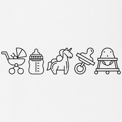 Set of black line art icons on a white background, including a baby buggy, bottle, toy horse, swing, and baby walker.