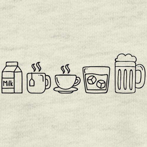 Illustrations of milk carton, tea cup, coffee cup, glass with ice cubes, and beer mug on a textured beige background.