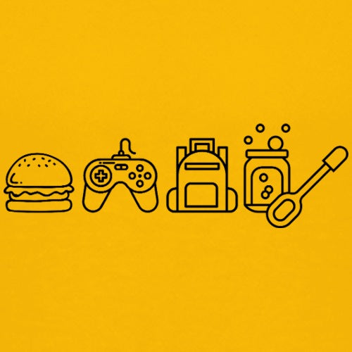 Illustrations of a burger, game controller, backpack, jar, and spoon on a yellow background