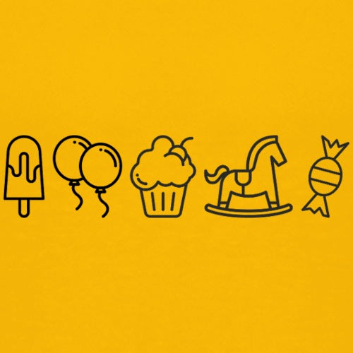 Illustrations of a popsicle, balloons, cupcake, rocking horse, and candy on a yellow background
