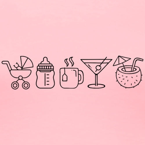 Set of icons including a baby stroller, bottle, mug, martini glass, and coconut with a straw on a pink background.