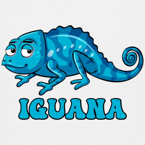 Cartoon blue iguana with IGUANA text on a white background