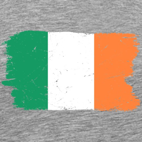 Gray sweatshirt with green, white, and orange design resembling the Irish flag.