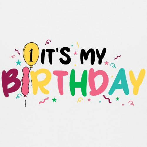 Kids birthday t-shirt with colorful “It’s My Birthday” text and festive balloon graphics on a white background, perfect for celebration-themed apparel and party outfits