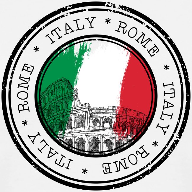 Circular design with Italian flag colors and Colosseum illustration, surrounded by 'Italy' and 'Rome' text.