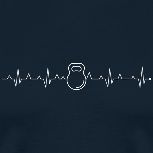 Heartbeat line with a kettlebell icon on a navy background