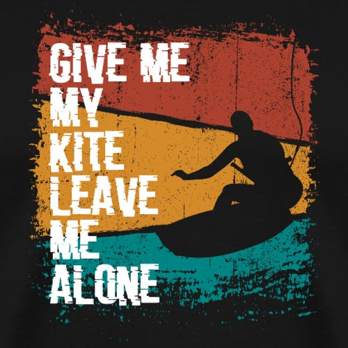 T-shirt design with silhouette of a kite surfer and text 'Give me my kite leave me alone' on a colorful background.