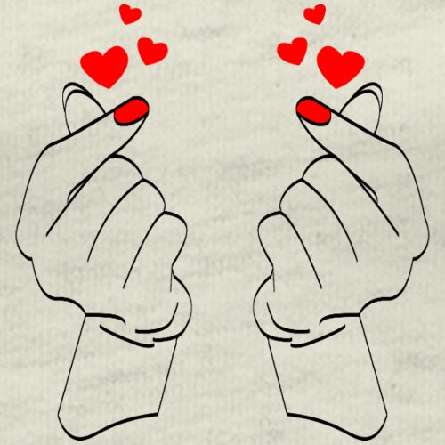 Outline of two hands with red hearts above each finger on a textured beige background