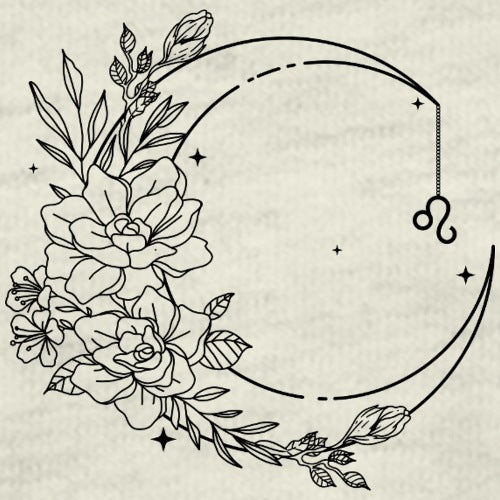 Leo zodiac t-shirt featuring black floral line art and crescent moon on a beige background, perfect for astrology lovers and celestial-themed fashion
