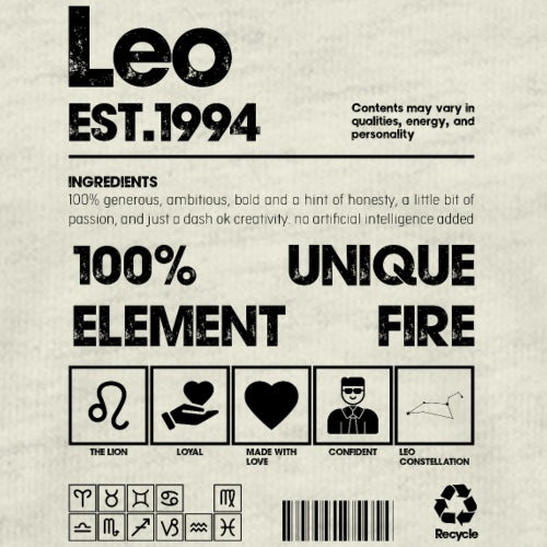 Leo zodiac sign packaging with text and symbols on a beige background