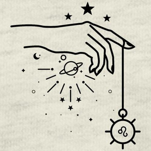 Illustration of a hand holding a celestial object with stars and planets on a textured beige background