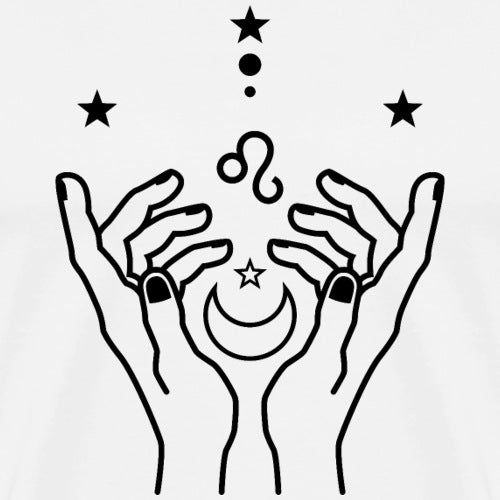 Spiritual Leo design featuring cosmic elements and hand gesture in a modern astrological layout.