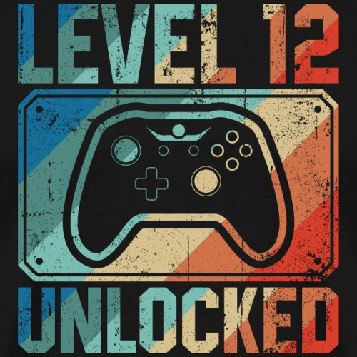 Vintage-style graphic with a gaming controller and 'Level 12 Unlocked' text on a black background.