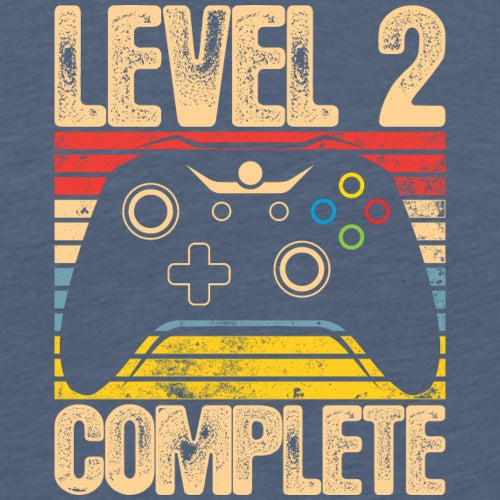 Vintage-style graphic of a gaming controller with 'Level 2 Complete' text on a blue background
