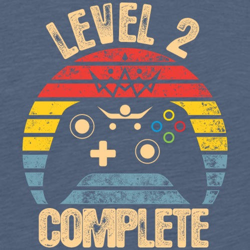Vintage-style gaming controller graphic with 'Level 2 Complete' text on a blue background