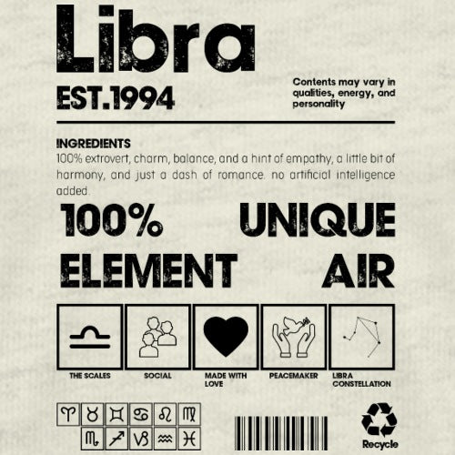Libra brand packaging with text and symbols on a beige background