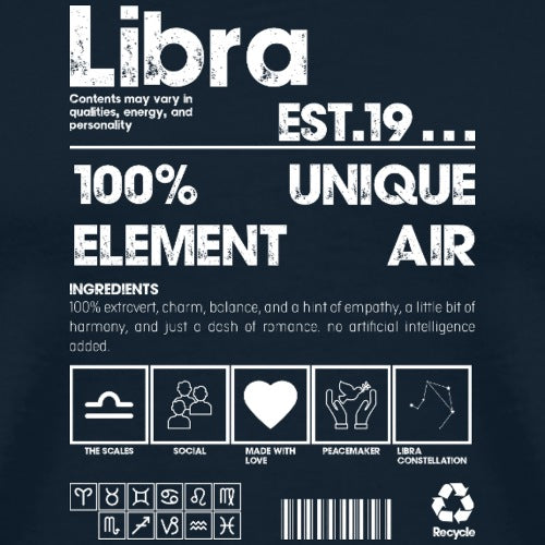 Libra zodiac sign description with symbols and text on a dark background