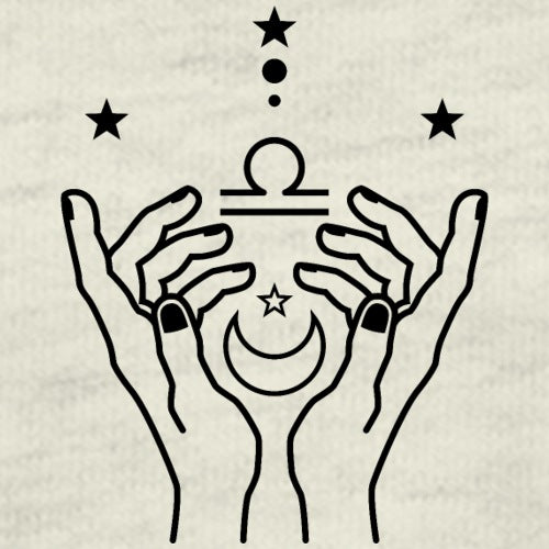 Illustration of hands holding a celestial symbol with stars and a moon on a beige background.