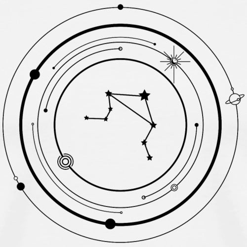 Astrological chart featuring Libra zodiac symbol with planets and celestial lines on a white background.