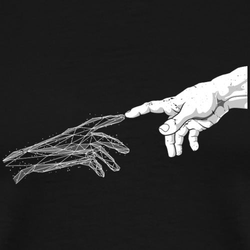 Illustration of a human hand and a robot hand touching each other on a black background