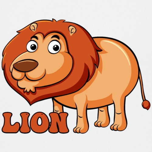 Cartoon lion with the word LION below it on a white background