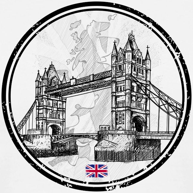 Black and white illustration of Tower Bridge with a British flag in the corner.