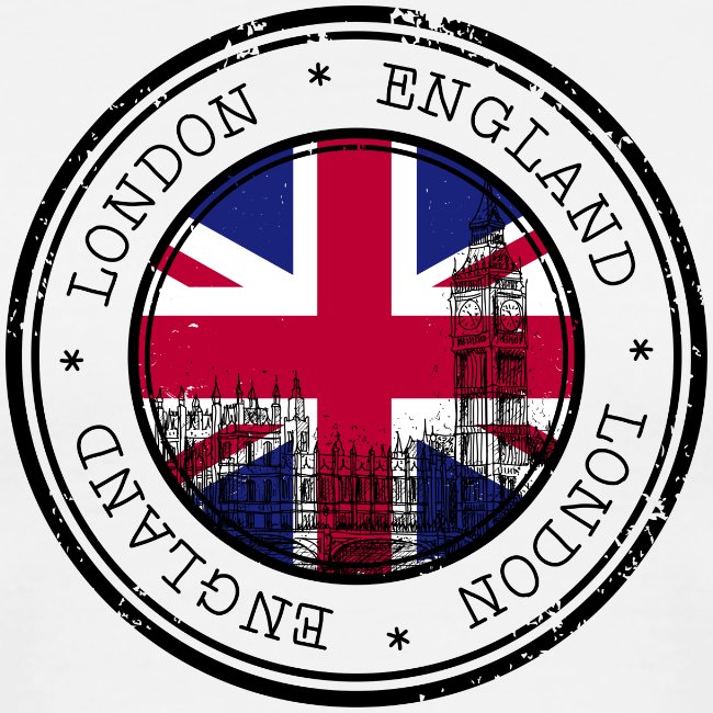 Circular design with British flag and Big Ben silhouette, surrounded by 'London', 'England' text.