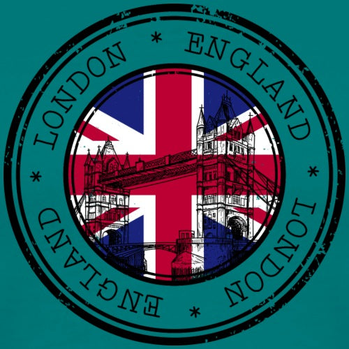 Circular design with Union Jack, London Bridge, and Big Ben on a teal background with 'London England' text.