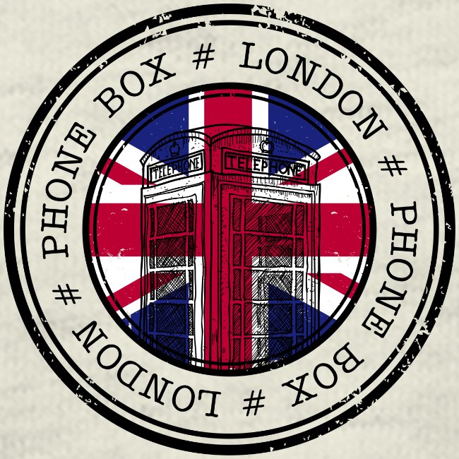 Design of a London phone box with British flag colors inside a circular border with text.
