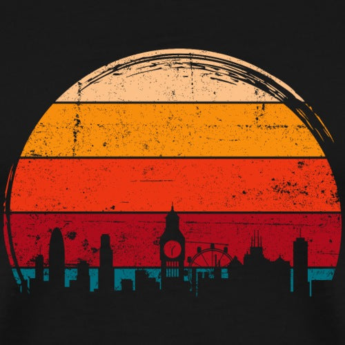 Vintage-style sunset with silhouette of a city skyline on a black background