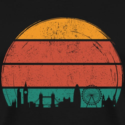 Vintage-style skyline with a colorful sun and silhouette of London landmarks on a black background.