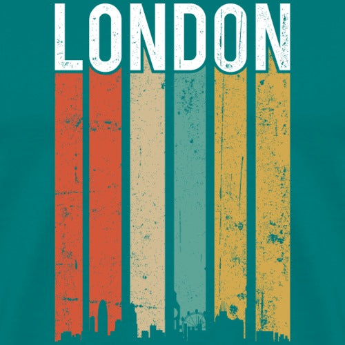 Vintage-style LONDON graphic with colorful vertical stripes on a teal background