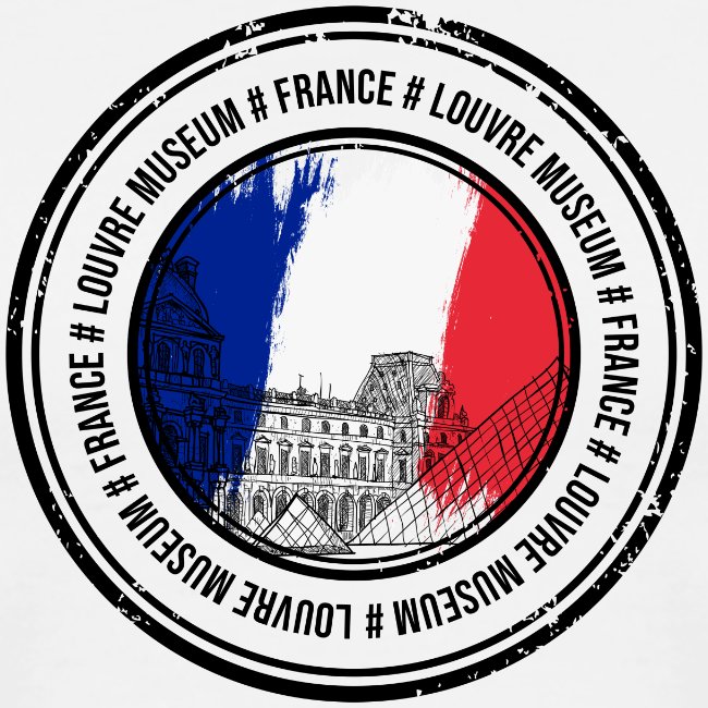 Circular design with Louvre Museum illustration and French flag colors, surrounded by '#Louvre Museum' and '#France' text.