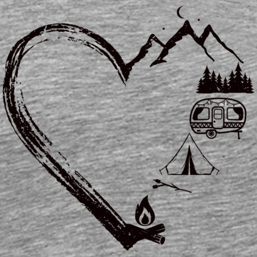 Heart made of twigs with camping elements like a tent, camper, and campfire on a gray background
