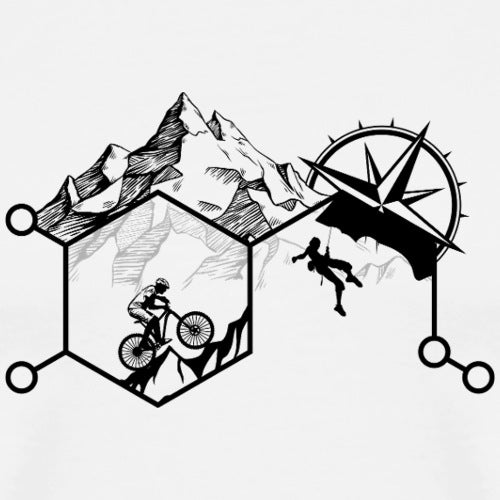 Illustration of mountain biking and rock climbing with a compass and mountain peak.