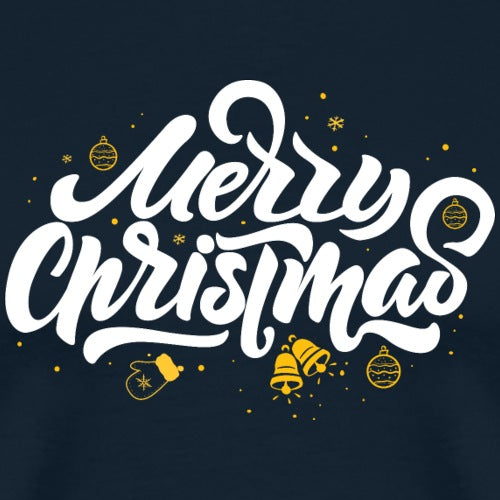 Navy blue shirt with 'Merry Christmas' in white and gold decorations on a dark background