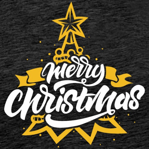 Merry Christmas text with gold star and ribbons on a black background