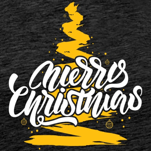 Black t-shirt with yellow Christmas tree design and 'Merry Christmas' text.