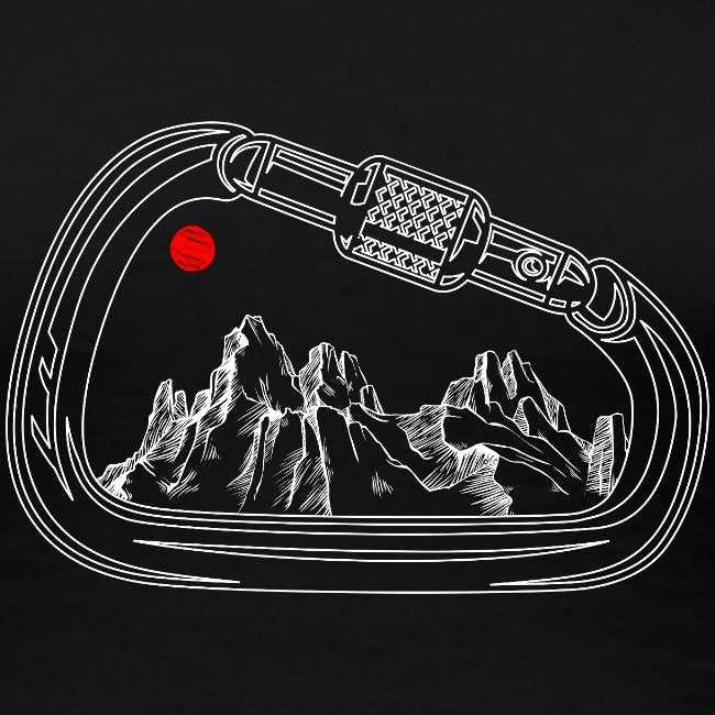 Carabiner with mountain and red circle design on a black background