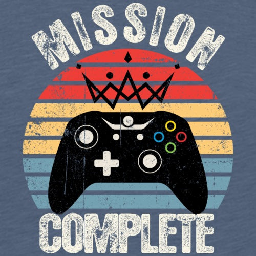 Gaming controller with 'Mission Complete' text on a blue background