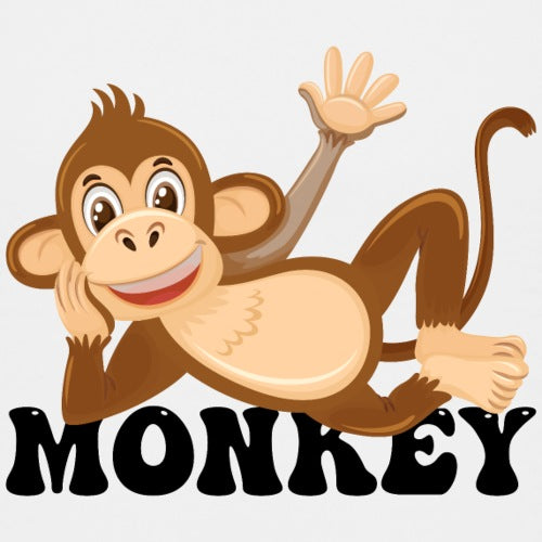 Cartoon monkey waving with MONKEY text below on a light gray background